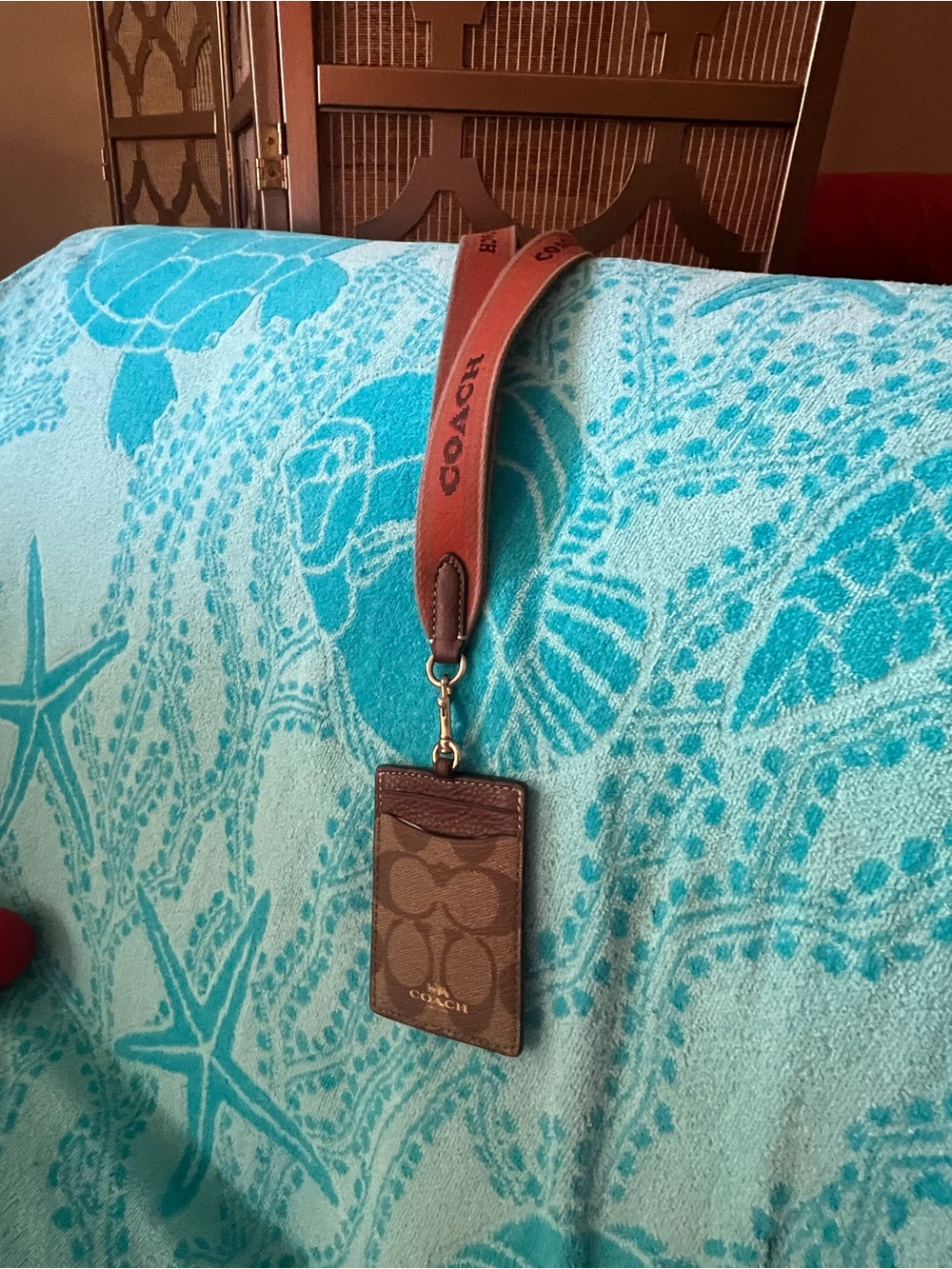 Coach Red and Brown Leather ID Lanyard with Clear Window - Picture 2 of 3
